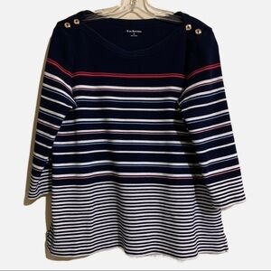 Kim Rogers Decorative Shoulder Buttons Striped Red, White, Blue Blouse. Size XL